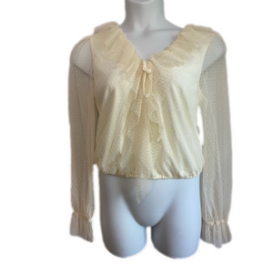 Curvy Girl By Ashley Stewart Cream Mesh Dot Lace Ruffle Crop Blouse SKU 0046